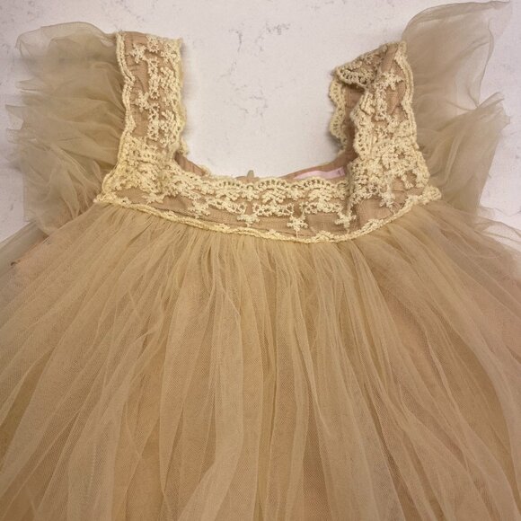 Think Pink Bows Ivory Tulle Dress, Cap Sleeves, Crochet Square Neckline,‎ 3T - Picture 3 of 5